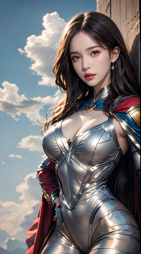 photorealistic, high resolution, soft light,1women, solo, hips up, (detailed face), jewelry, superman clothing, bodysuits, cloak