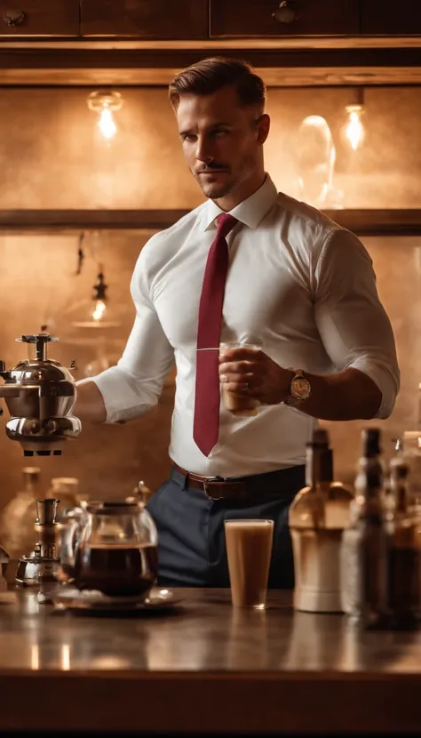 1man, 
bis 30 und.o muscular man, wearing a long-sleeved white shirt and tie, Kaffee trinken,
Sanftes Licht, 
Meisterwerk, best quality, 8K UHD, DSLR, Filmkorn, Fujifilm XT3 fotorealistische Malerei von Midjourney und Greg Rutkowski