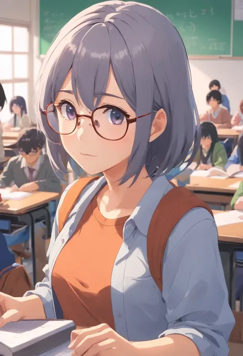 In the classroom，The teacher is lecturing the students，Gray-haired old teacher，Asian people，wears glasses，closeup cleavage，sharp focus on eyes，8K，super-fine，oil painted，Hyper-realistic，best qualtiy