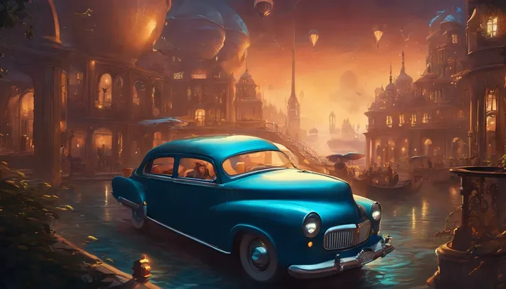 kosmos、stardust、Steampunk City, busy, Fantasia, in style of cyril rolando, dreamlike surrealism