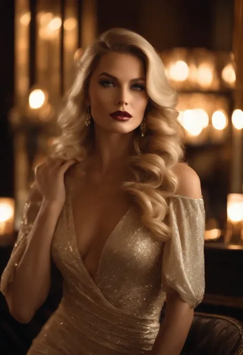 A glamorous scene featuring our enchanting woman with extra long wavy blonde hair, her alluring eyes highlighted by a shimmering eye shadow. She stands in a dimly lit, upscale cocktail lounge, with the soft glow of ambient lighting casting intriguing shado...