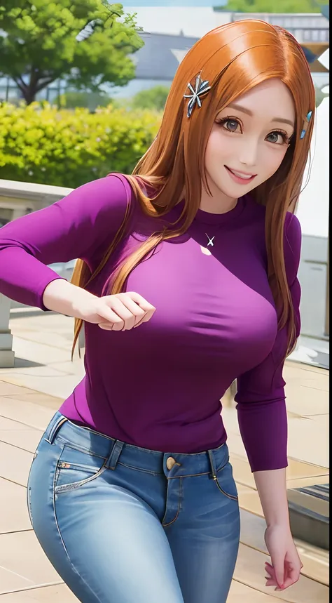 orihime, solo, pink shirt, jeans, in the park, hair ornaments, smile,