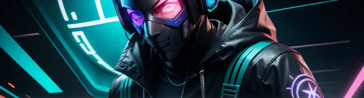 a masked cyberpunk hacker, fundo futurista, cores azul neon e #288786