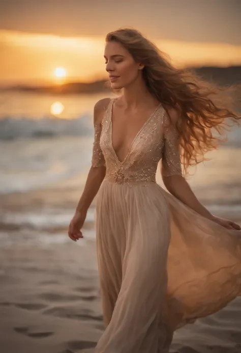 Our captivating woman with extra long wavy blonde hair and mesmerizing eyes stands on a windswept beach during a vibrant sunset. Her hair dances in the breeze, and her eyes sparkle in the warm, golden light. The scene is filled with the tranquil sounds of ...