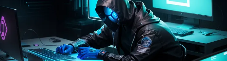 a masked cyberpunk hacker using the computer, fundo futurista, cores azul neon e #288786