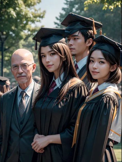 (Professors and students:1.4), Bald elderly teacher in suit, 2 Shot Photo,Commemorative photo, Graduation album, (Academic Gowns, Academic Lobe, Square Cap), Square hat, university campus, building, Smile, 1 girl, Detailed uniforms, (Sigma 85mm f1.4), dept...