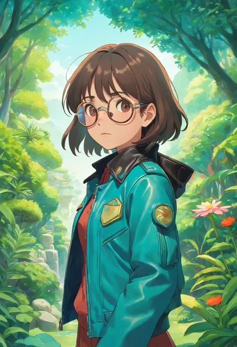 a girl wearing a leather pilot jacket, pilot goggles, in the style of tranquil gardenscapes, colorful animation stills, masami teraoka, aquamarine, paul gauguin, Embry style, honest portrayal