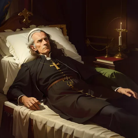 pintura de um homem deitado em uma cama com uma cruz na parede, The Catholic pope in his bed, Directed by: Julian Fałat, Millais, the pope wakes up is his bed, ezio, Morte sonhando com a morte, Directed by: Jan Stanislavski, luis ricardo falero, dramatic a...