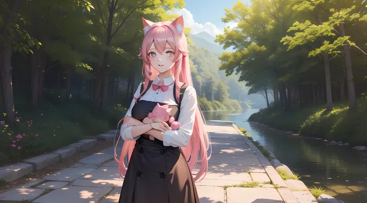 (Masterpiece:1.3), (Best quality:1.3),cat ear，Pink Long Hair，Mother holding her daughter，ln the forest，Lakeside stone path，taking a walk，