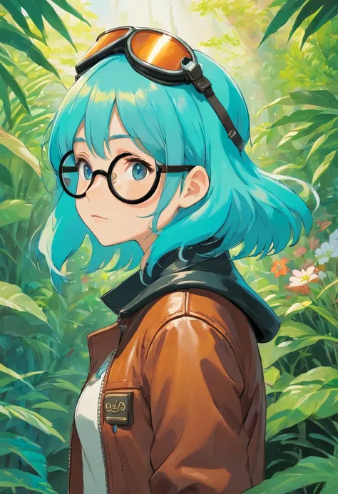 a girl wearing a leather pilot jacket, pilot goggles, in the style of tranquil gardenscapes, colorful animation stills, masami teraoka, aquamarine, paul gauguin, Embry style, honest portrayal