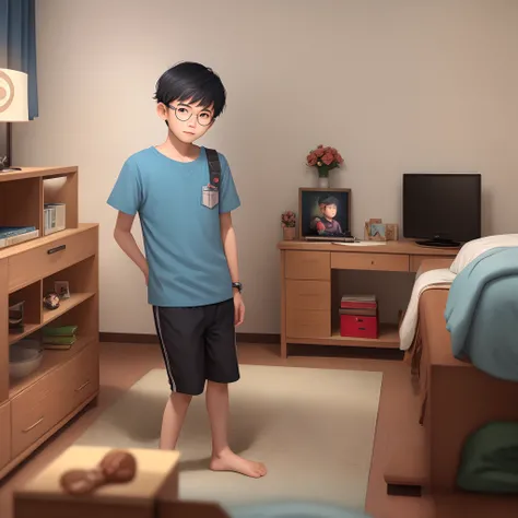 A Thai boy with circular glasses sitting in his room, about 16 years old, in virtual reality.