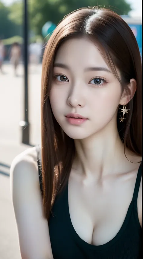 realistic photos of 1 cute Korean star, straight hair, white skin, thin makeup, 32 inch breasts size, wearing tank top, arms crossed, in the amusement park, close-up portrait, Northern Renaissance, UHD