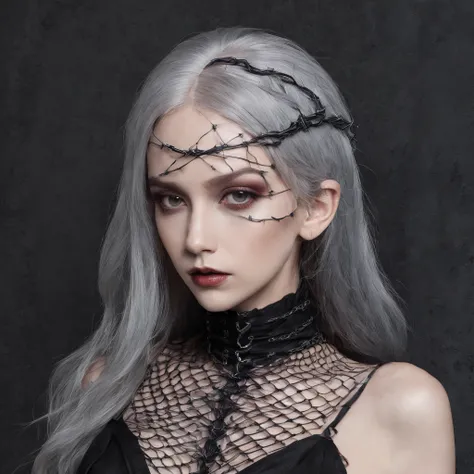 Girl with gothic net symbolic clothes, 。.com (Barbed wire of the body) brunette color hair，Gray hair ends