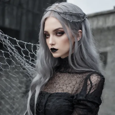 Girl with gothic net symbolic clothes, 。.com (Barbed wire of the body) brunette color hair，Gray hair ends