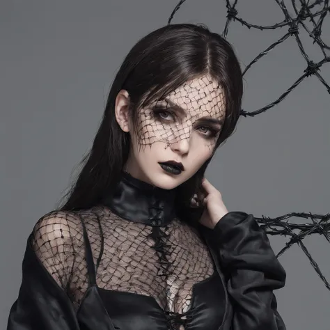 Girl with gothic net symbolic clothes, 。.com (Barbed wire of the body) brunette color hair，Gray hair ends