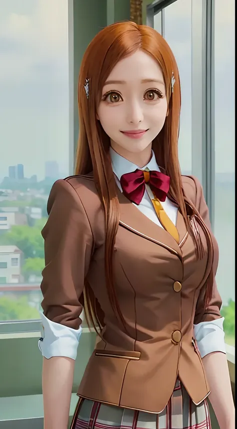 orihime, solo, school uniform, in the school, hair ornament, smile,