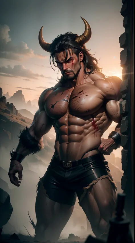 a muscular minotaur with a fierce facial expression, strong and powerful body, large menacing horns, and sharp claws, (best quality, highres, ultra-detailed), (dark, contrasted, dramatic) lighting, (oil painting, hyperrealism), dusty and worn textures, sur...