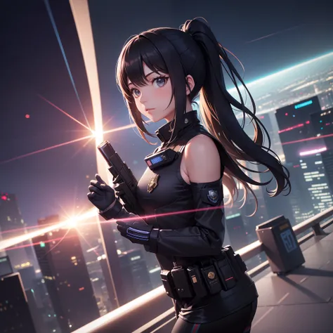 masutepiece, Super Detail, High quality, awardwinning, 8K, girl, solo, time patrol, space-time police, short ponytail, futuristic uniform, upper body, in the city, intelligent, vignetting, cinematic lighting, film grain