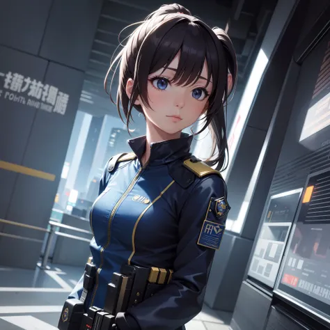 masutepiece, Super Detail, High quality, awardwinning, 8K, girl, solo, time patrol, space-time police, short ponytail, futuristic uniform, upper body, in the city, intelligent, vignetting, cinematic lighting, film grain