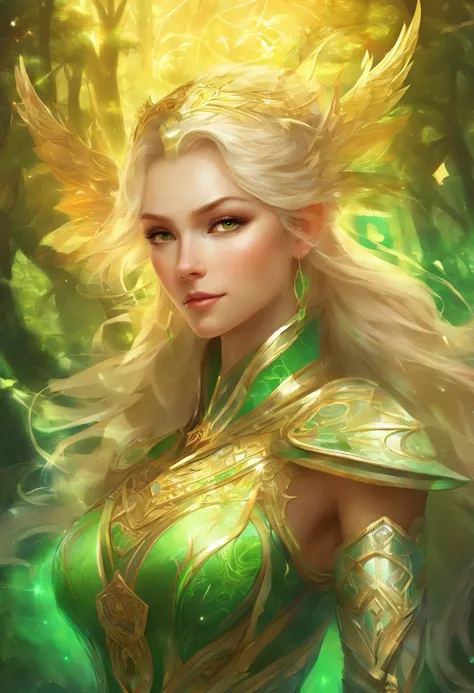 (((Masterpiece, Best Quality, High Definition, High Detail)))), ((((Fantasy)))), One, (Elf Woman)))), (White Short Skirt with Gold Embroidery), (Blonde Long Straight Hair), (Glow Dark Green Eyes), (Green Cloak Armor with Golden Embroidery), (Green Gauntlet...