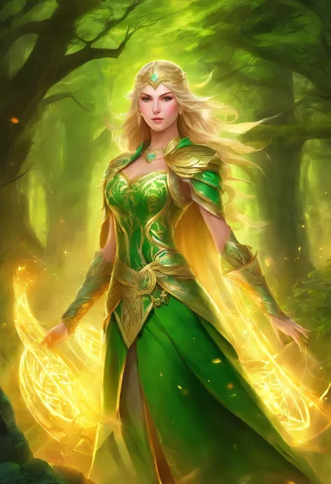 (((Masterpiece, Best Quality, High Definition, High Detail)))), ((((Fantasy)))), One, (Elf Woman)))), (White Short Skirt with Gold Embroidery), (Blonde Long Straight Hair), (Glow Dark Green Eyes), (Green Cloak Armor with Golden Embroidery), (Green Gauntlet...