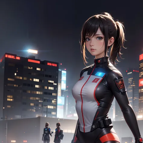 masutepiece, Super Detail, High quality, awardwinning, 8K, (Photorealistic:1.3), girl, Solo, Time Patrol, Time and Space Police, Short ponytail, Futuristic uniforms, Upper body, In the city, Intelligent, vignetted, Cinematic lighting, Film grain