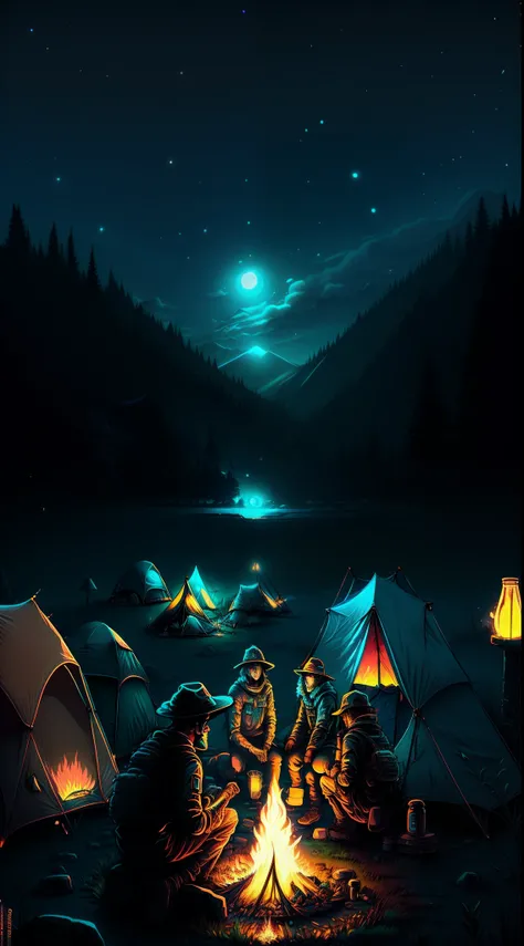 Several people sat around a campfire at night with tents and trees, Campismo, on a bonfire at night, outdoors at night, noite ao ar livre, Fundo da fogueira, fogueira, cinematic outdoor lighting, arte de fundo, fogueira, 3 d render bipe, illustartion, O me...