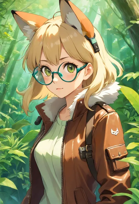 a, (fox girl), blonde, wearing an old (brown) leather (pilot jacket), pilot goggles, with david clark headset (green), in the style of tranquil gardenscapes, colorful animation stills, masami teraoka, aquamarine, paul gauguin, Embry style, honest portrayal