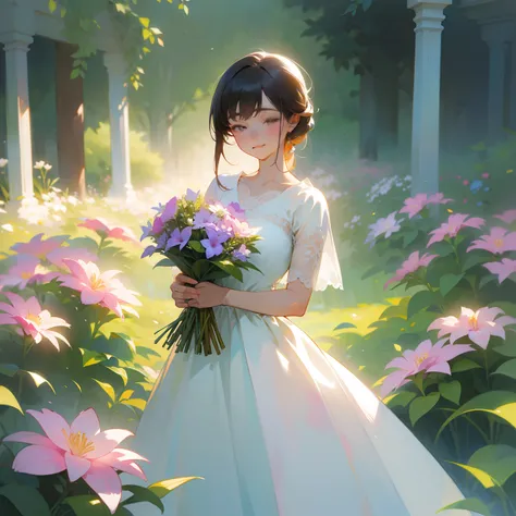 (best quality,realistic,ultra-detailed),soft lighting,flower garden background,shy-looking,flowing dress,holding a bouquet of flowers,gentle smile,peaceful atmosphere,watercolor painting style,colorful tones。