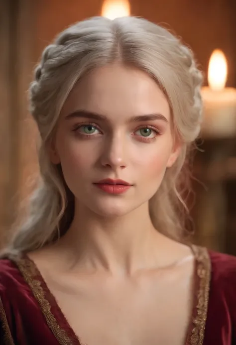 (((A deep reddish scar runs across her left cheek))) light skinned, Women around 19 years old, Natural gray hair, Distinctive green eyes, Wearing Cole, slender and graceful,, Beautiful, Candlelight in medieval atmosphere, Ultra Sharp Focus, realistic shot,...