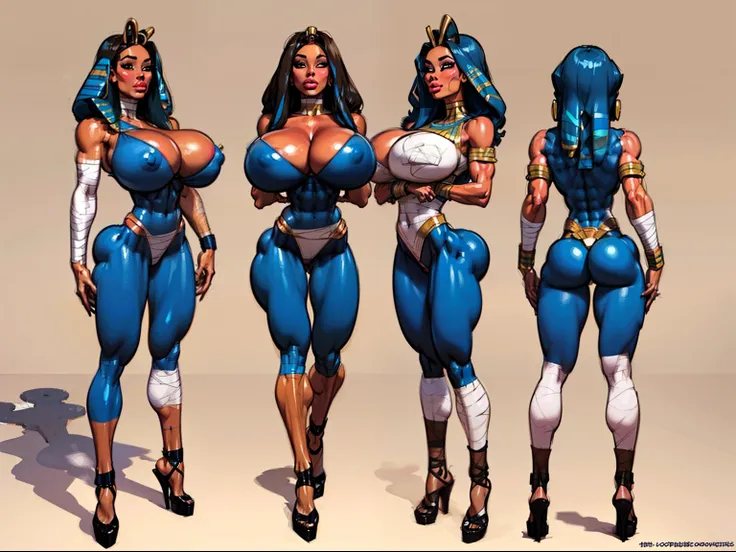 ((masterpiece)),(((best quality))),((character design sheet)), ((full body view)) ((mummy girl)) mature face, defined cheekbones, high cheekbones, illustration, bandaged girl, muscular, ((bandage:1.4)), sexy bimbo, (gigantic breasts:1.7) black hair, ((deta...