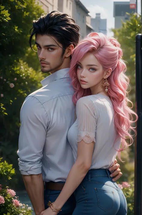 (absurdres, highres, ultra detailed), 1 male,1 female , couples, beautiful,handsome, tall muscular guy, mature, verious red and pink roses around him, jewellery, A man standing on back comfortably in the roses, from directly above, (white shirt, jeans), go...