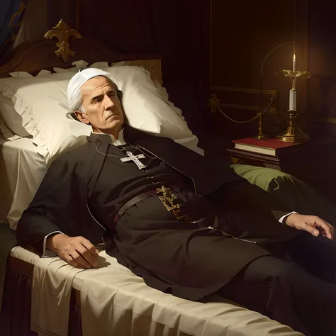 man in black bathrobe lying on a bed, the pope wakes up is his bed, the catholic pope in his bed, inspirado em matthias stom, in...