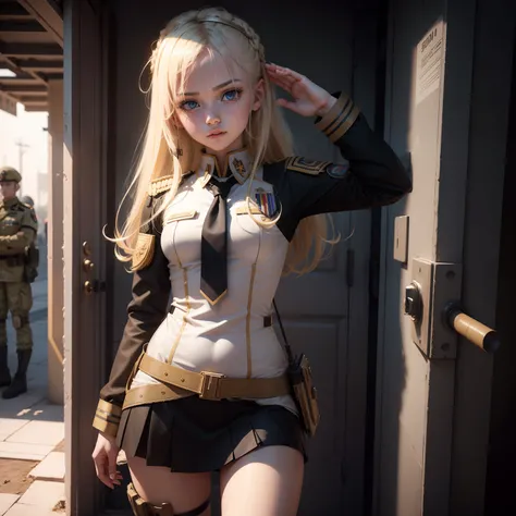 Ukrainian girl saluting soldiers , Ukrainian anime girls , , Ukraine ,  Full body composition of young girl with messy bright blonde hair, eye make up, 13 year old,  Soft lighting, Solo, Old torn dirty shabby futuristic military uniform, badges, Pose, Blot...