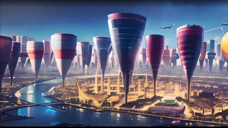 A close-up of a futuristic city with a river and lots of balloons, paysage futuriste, surreal alien kingdom, Fantaisie utopique futuriste, Landscape of a city of the future, Paysage de la science-fiction, Futuristic utopian metropolis, Utopie futuriste, Fa...