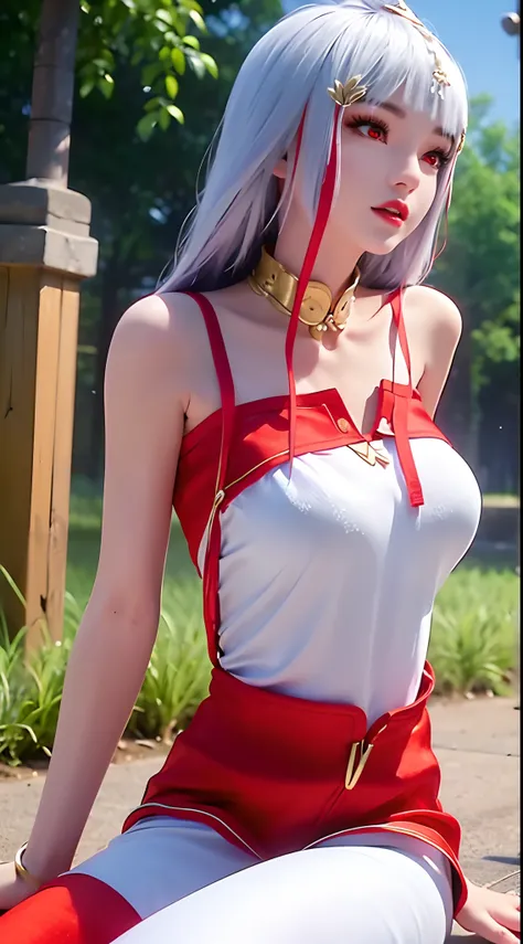 "A beautiful 20 year old young woman sexy, (((wearing a thin, sexy red clothes, a camisole made of thin silk fabric:1.6))), the body is balanced and plump, sexy style, platinum hair color, platinum bangs, the most beautiful and detailed hair jewelry, extre...