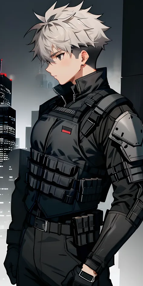 1male, adult black eyes, medium grey hair, bulletproof vest, black combat gloves, city , modern undercut hair , messy hair