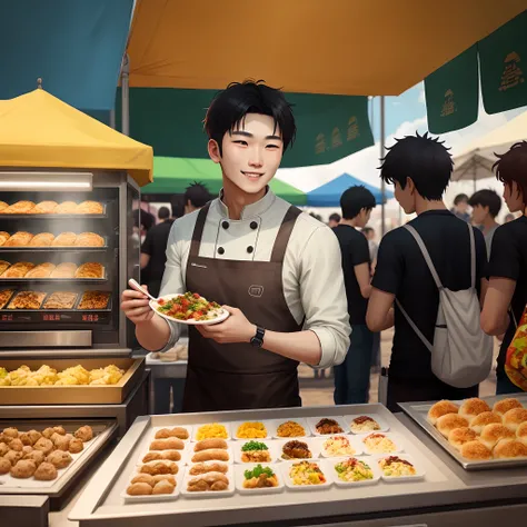 A young and promising male gourmet sits at the table，Next to it is a bustling crowd and a variety of food stalls，His face was full of smiles。The various food stalls are decorated with brightly colored signs，It is filled with a variety of delicacies，Some of...