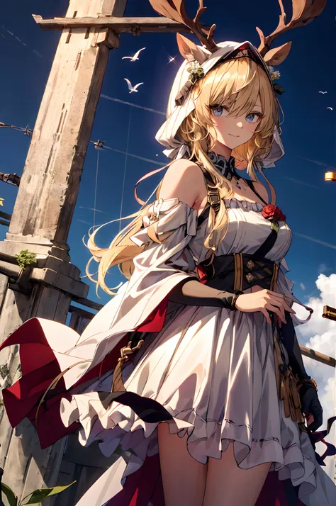 (tmasterpiece、top-quality、illustratio、Extremely high quality、high-level image quality、Extremely sensitive writing)Blonde girl standing in beautiful garden、A slight smile、She has a large bouquet、Cute national costume style dress，There are ruffles on the sho...