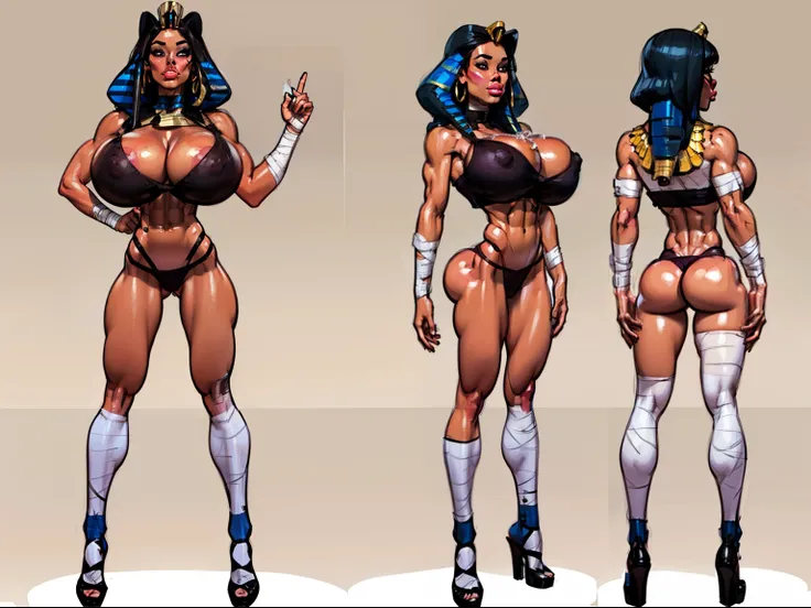 ((masterpiece)),(((best quality))),((character design sheet)), ((full body view)) ((mummy girl)) mature face, defined cheekbones, high cheekbones, illustration, bandaged girl, muscular, ((bandage:1.4)), sexy bimbo, (gigantic breasts:1.7) black hair, ((deta...