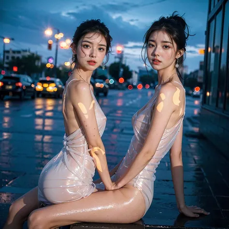 Random posture, (An extremely delicate and beautiful work), (masterpiece), 1girls, Girl in shiny transparent dress, high-detail, Leaky waist, ponytail contorted, A charming expression, beautiful and clear eyes, Fine brown pupils, delicate necklace, delicat...