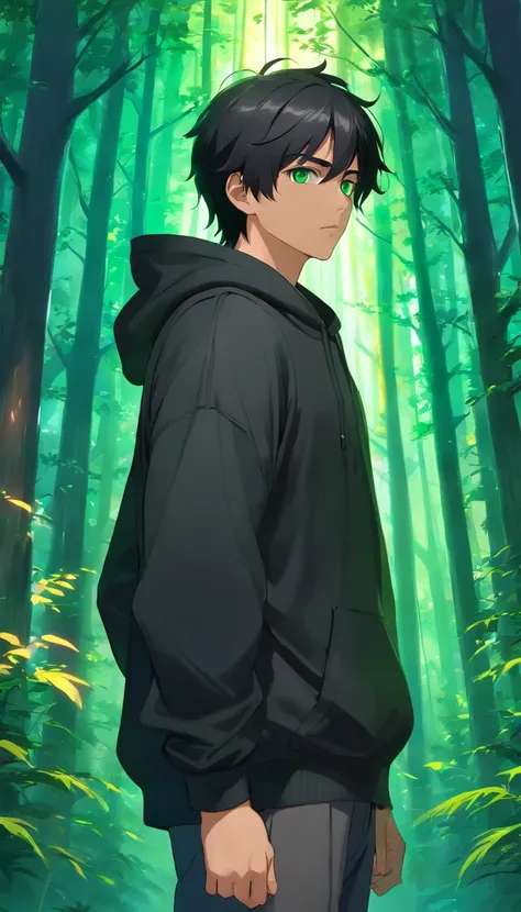 handsome male college student in black hoodie, black hair, green eyes, standing in mystical enchanted forest, apprehensive, realistic, ultra realistic, 8k