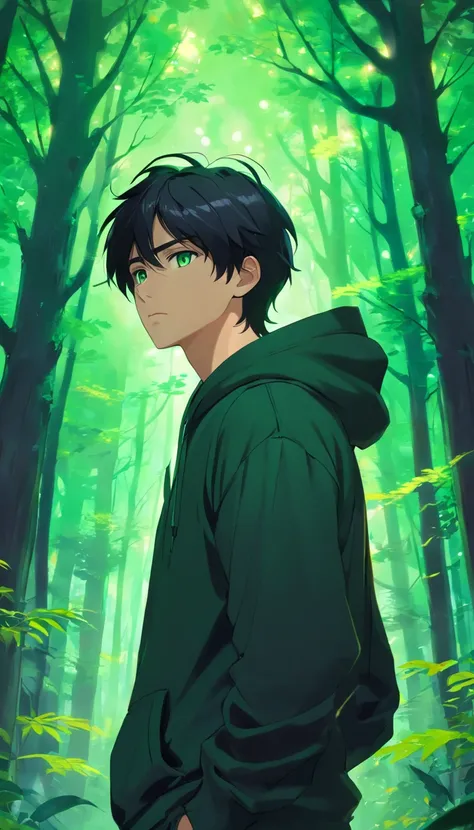 handsome male college student in black hoodie, black hair, green eyes, standing in mystical enchanted forest, apprehensive, realistic, ultra realistic, 8k