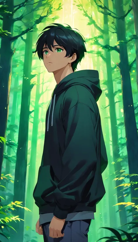 handsome male college student in black hoodie, black hair, green eyes, standing in mystical enchanted forest, apprehensive, realistic, ultra realistic, 8k