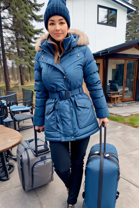 Make a woman with big breast, Blue long winterjacket , with open zipper, with face, body, Lakeside house, travel bag, black pants, dog