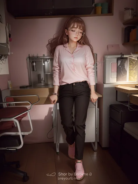 Sleeping girl, 22 years old, realistic, she is wearing long pants, she is wearing pink pajama, brown hair.