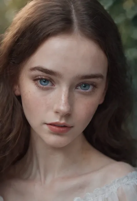 a teen girl with Russian features, white skin with freckles on her face, black and wavy hair. with deep blue eyes.,8k.full body  (Super realista) (cinematografico) (8k)