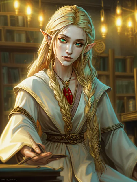 high details, best quality, 16k, [ultra detailed], masterpiece, best quality, (extremely detailed), ultra wide shot, photorealistic, a picture of an elf magical teacher  (best details, Masterpiece, best quality: 1.5), teaching magical arts, manipulating re...