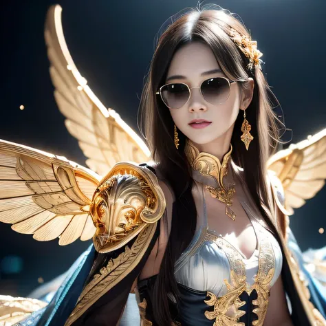 Dark moonlit night，Transparent wings，Magic wand，Wear thick gold-framed reflective sunglasses，32K（tmasterpiece，k hd，hyper HD，32K）Light orange flowing hair，Silver Skull jewelry district in an abandoned pond，Indigo Skull King ，Skeleton protector （The skeleton...