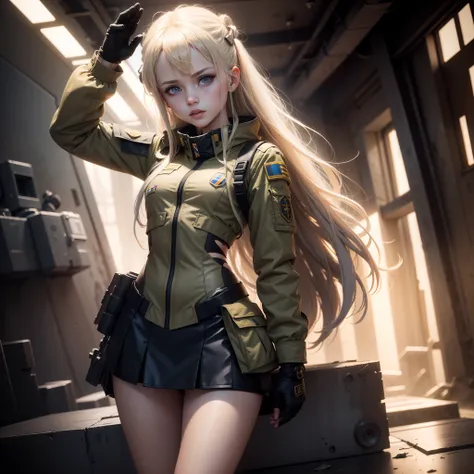 Ukrainian girl saluting a soldier , Ukrainian anime girls , , Ukraine ,  Full body composition of young girl with messy bright blonde hair, eye make up, 13 year old,  Soft lighting, Solo, Old torn dirty shabby futuristic military uniform, badges, Pose, Blo...